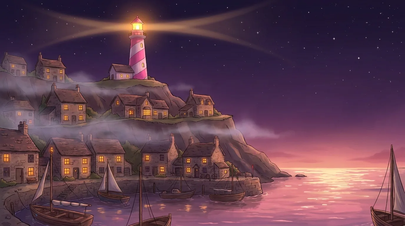 Tidewick at dusk — a terraced cliff village glowing with warm windows, crowned by a pink lighthouse, a small harbour of boats below