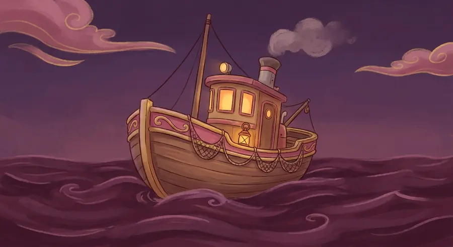 A small sturdy fishing trawler with a warm lantern