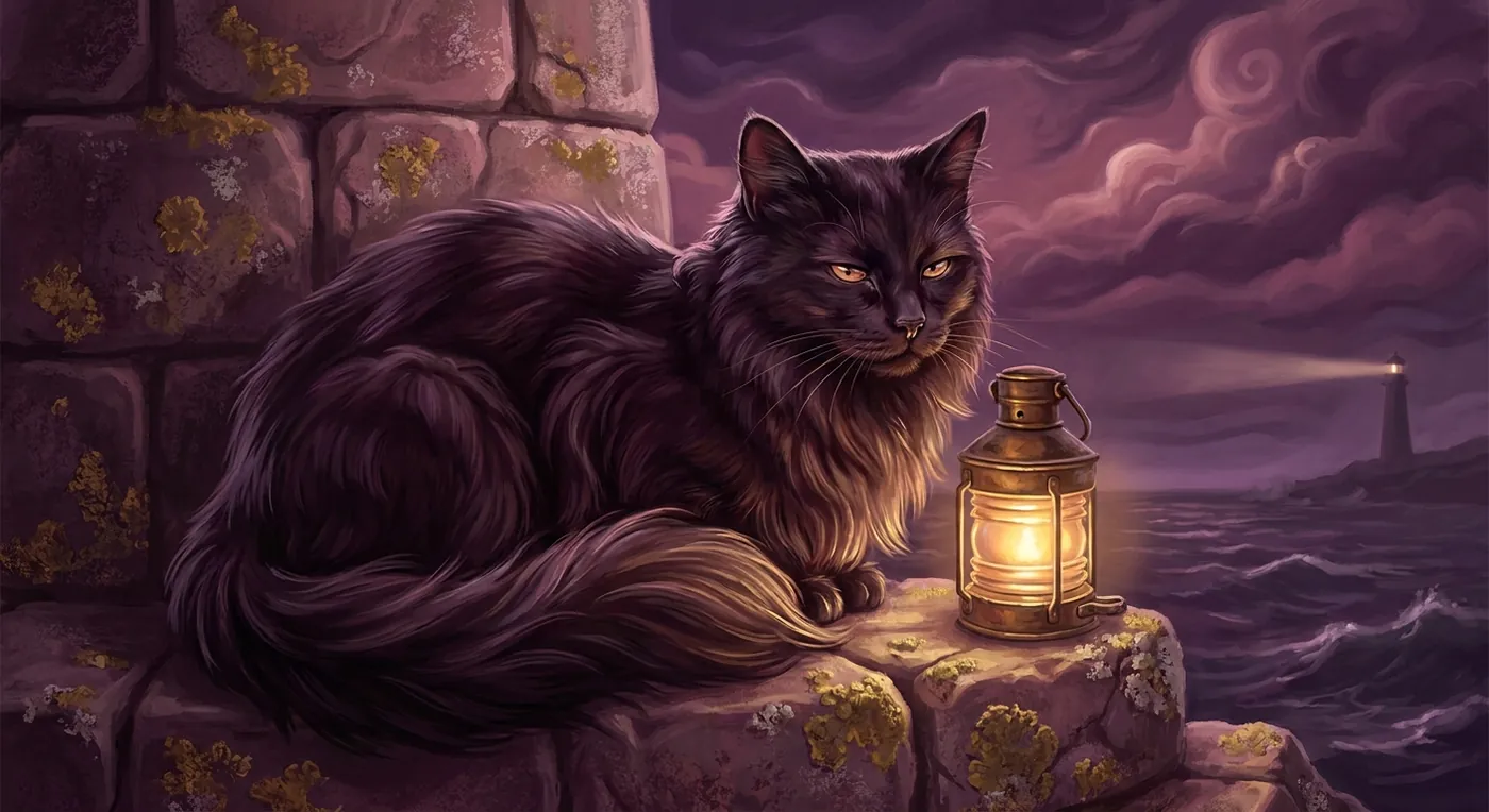 Smudge, the keeper's cat, curled beside a lit lantern on the harbour wall as a storm rolls past the lighthouse